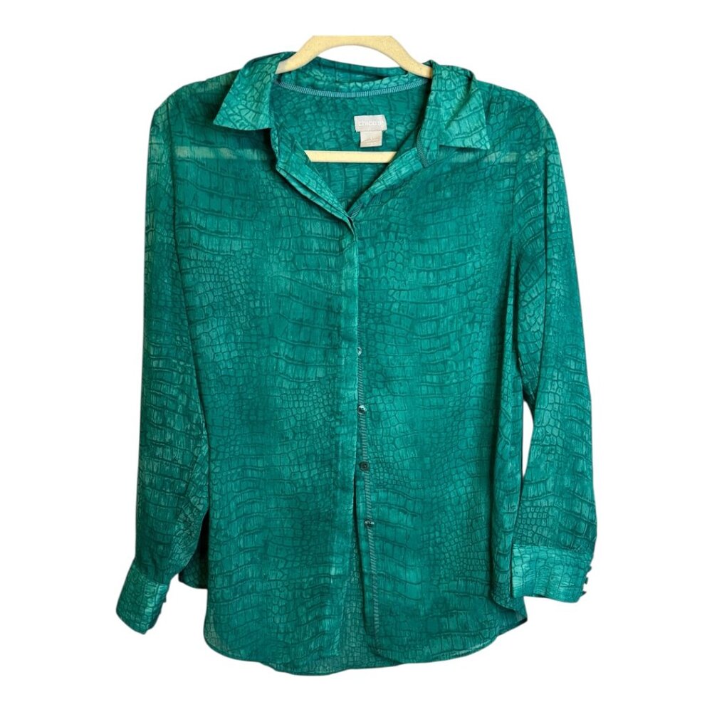 Chico's Blouse Women's Size Medium lightweight sheer snake print‎ green chicos 1